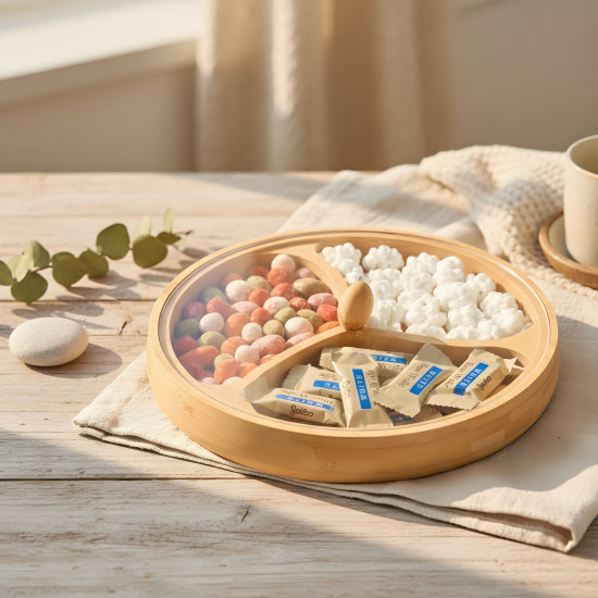 Wooden Three-Section Serving Platter with Acrylic Lid Small